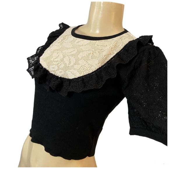 Zara Women's Lace Pointelle Crop Knit Sweater Top Black/Ivory Size Small - Picture 2 of 5